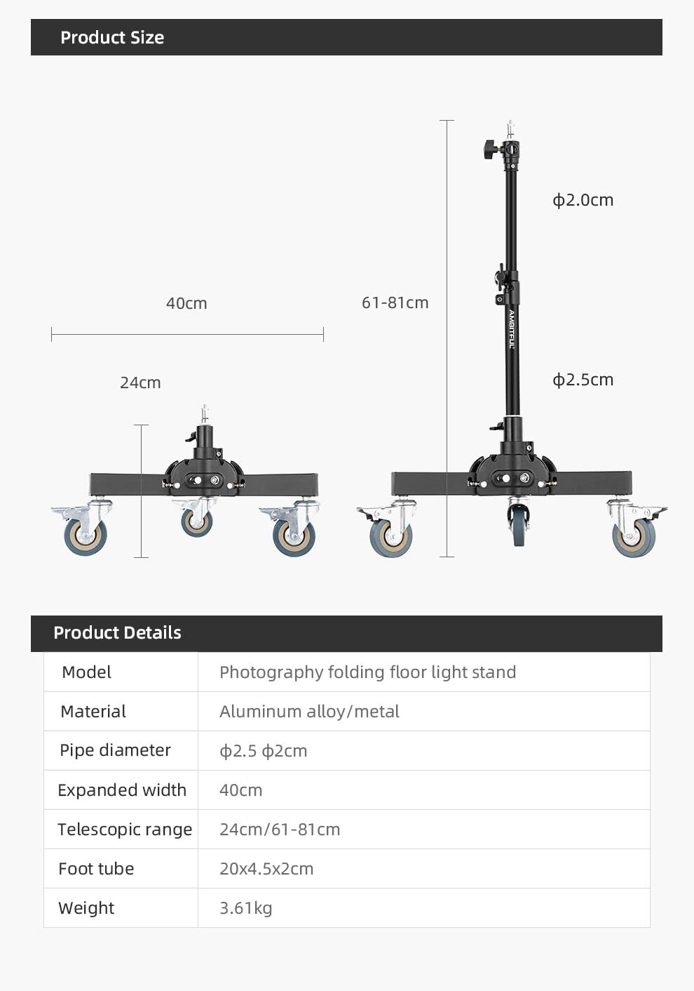 Ambitful 61 81Cm/21 31.9'' Profession Removable Very Sturdy Folding Floor Light Stand And Wheels For Studio Flash Led Light