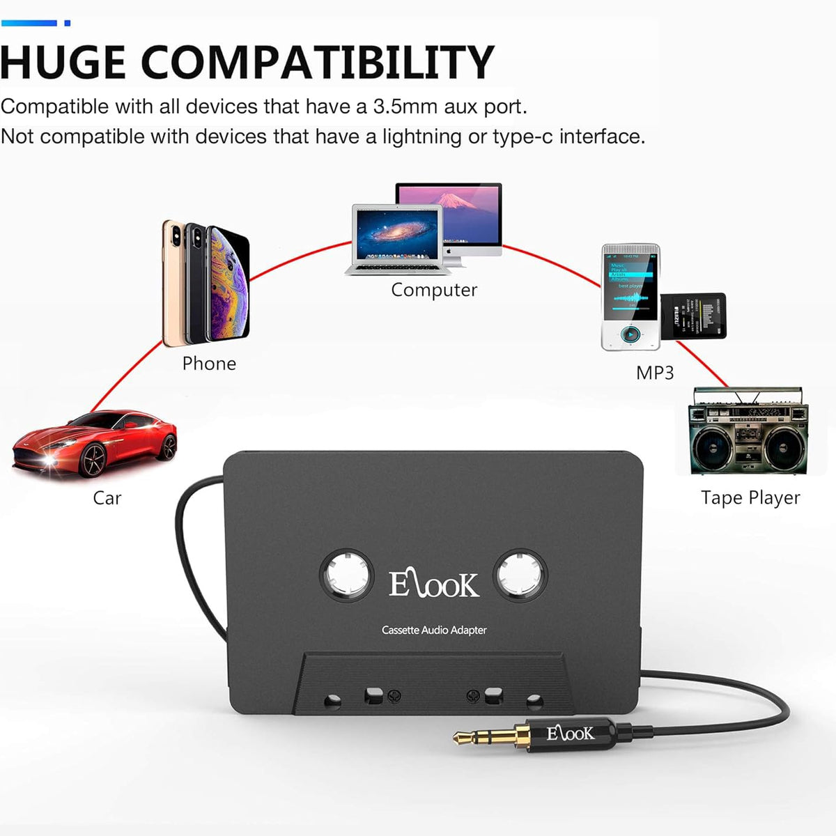 Elook Car Cassette Aux Adapter, 3.5Mm Universal Audio Cable Tape Adapt ...