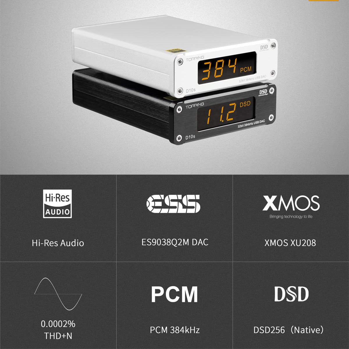 Topping D10s Mini DAC USB – XMOS XU208, ES9038Q2M, OPA2134, Décodage Haute Résolution PCM 384kHz DSD256
