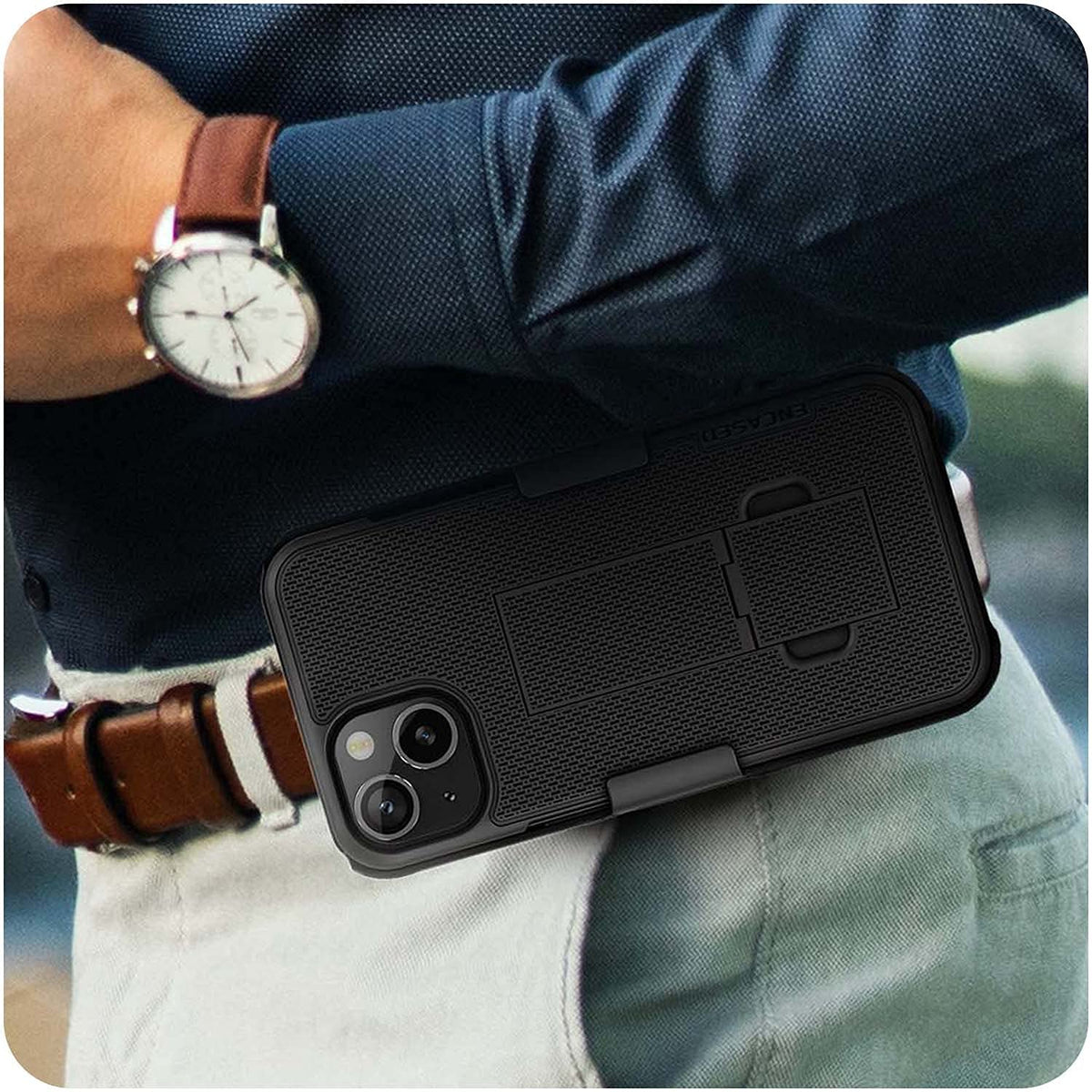Custodia Con Clip Da Cintura Encased DuraClip Per IPhone 13 Mini – Profilo Sottile, Finitura Gommata, Rotazione 180°, Nera