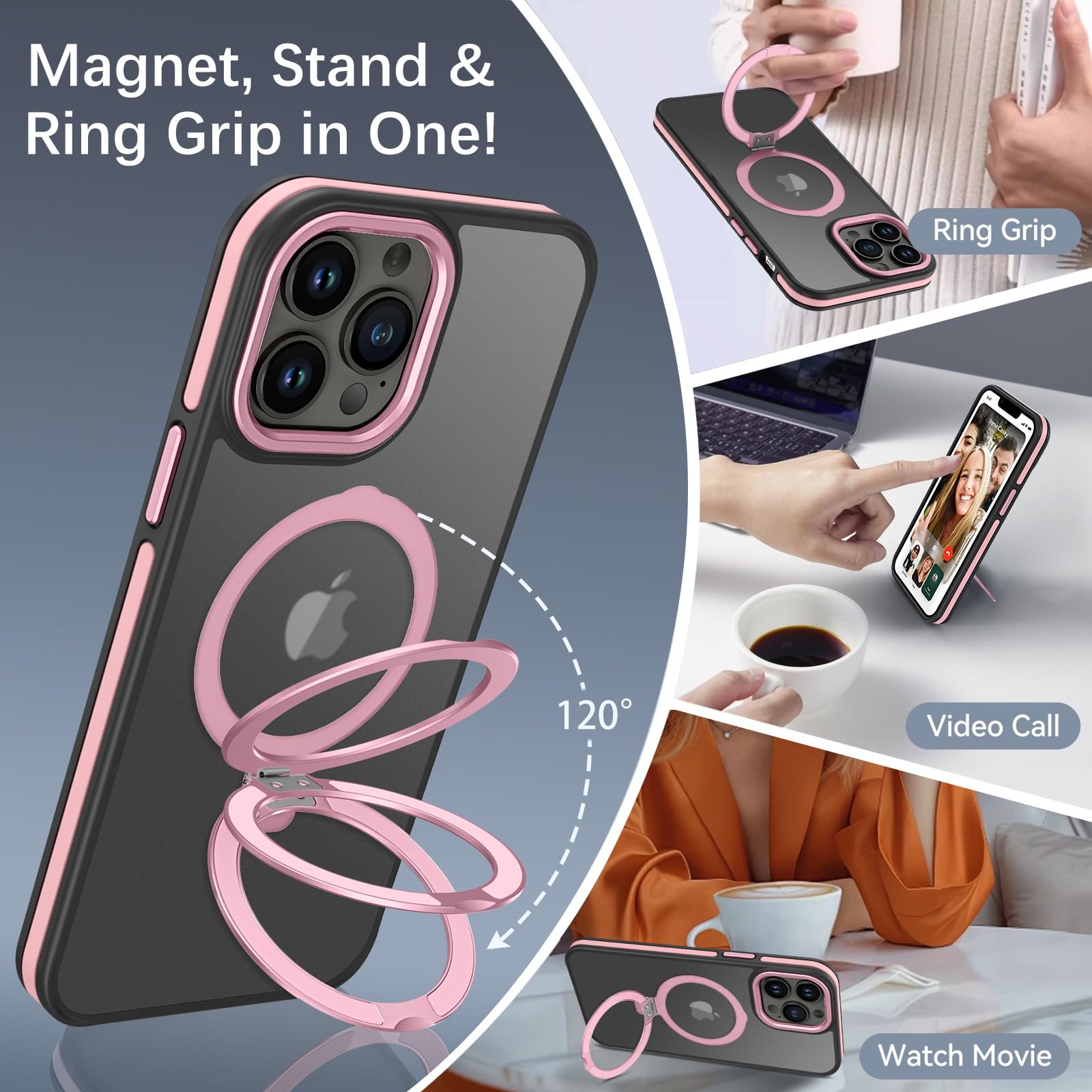 Veningo Iphone 13 Pro Max Case, Magnetic Slim Fit Magsafe Translucent Matte Car Mount Supported Foldable Ring Holder Kickstand S