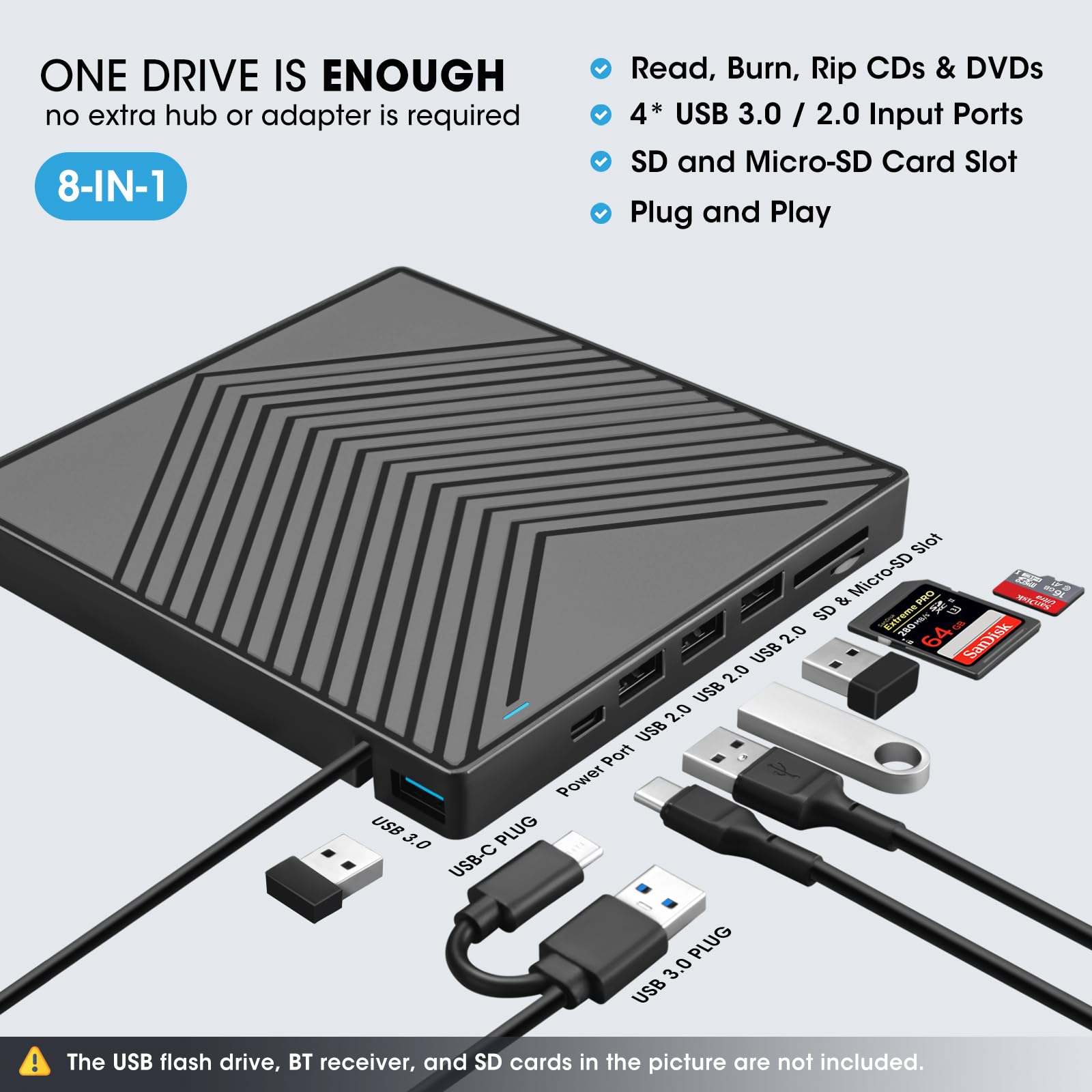 Roofull External Cd Dvd Drive Player Burner Cd/Dvd Rom +/ Rw Optical Disk Drive With Usb Ports Hub + Sd/Tf Card Reader + Portabl