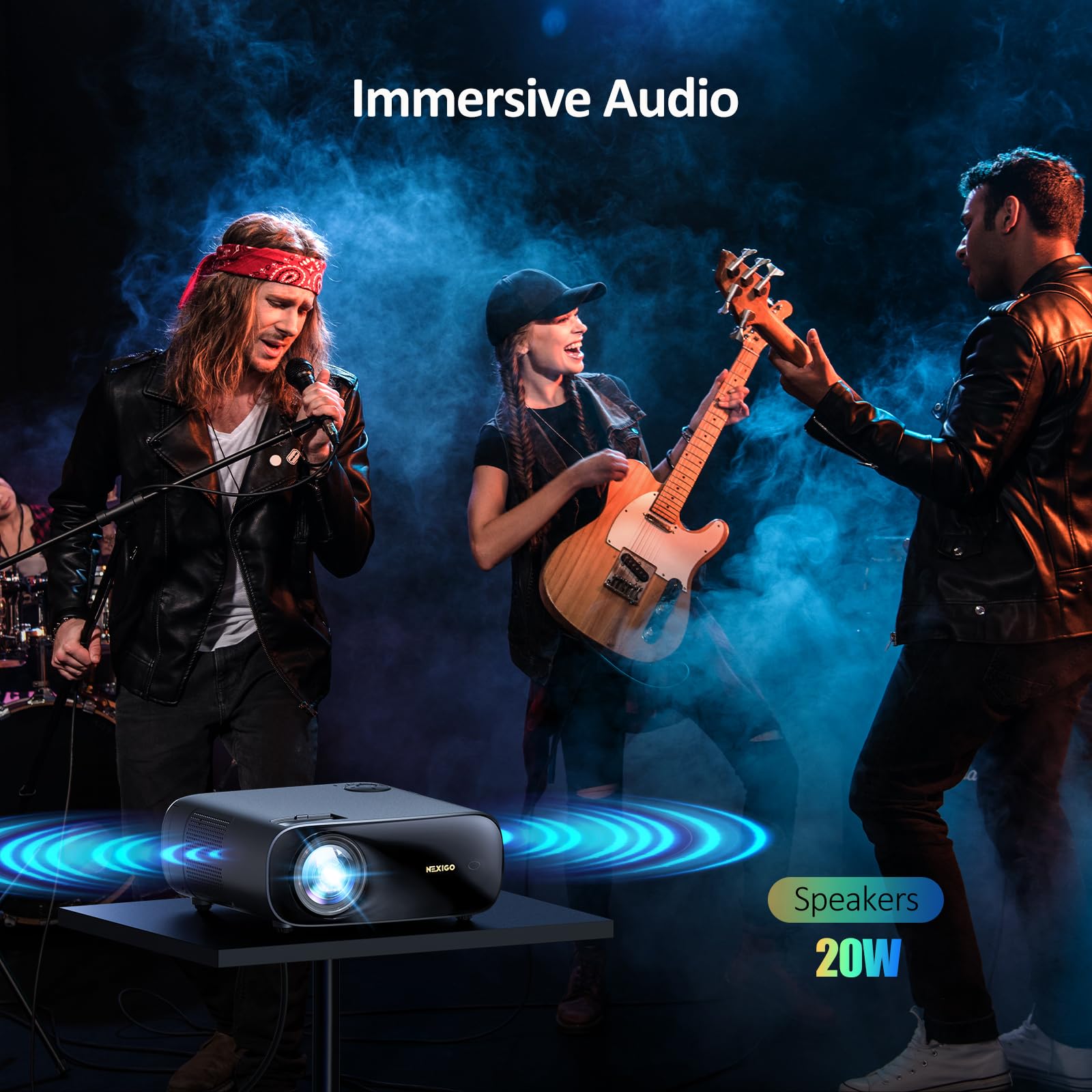 NexiGo PJ40 Projector - WiFi & Bluetooth, Native 1080P, 4K Supported, 20W Speakers, Outdoor & Home Theater, Black