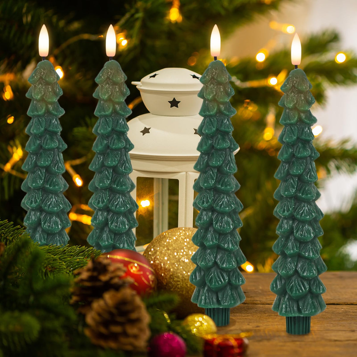 4-Pack Flameless Christmas Tree Candles – Snow-Covered LED Taper Candles With Remote, Timer & Flickering Flame