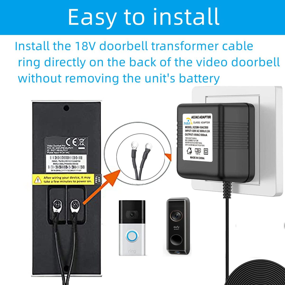 18V 500mA Hardwired Power Transformer For Video Doorbells – 196-Inch Cable, Quiet, Compatible With Ring & Nest