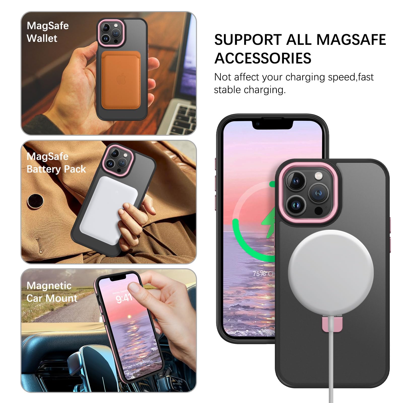 Veningo Iphone 13 Pro Max Case, Magnetic Slim Fit Magsafe Translucent Matte Car Mount Supported Foldable Ring Holder Kickstand S