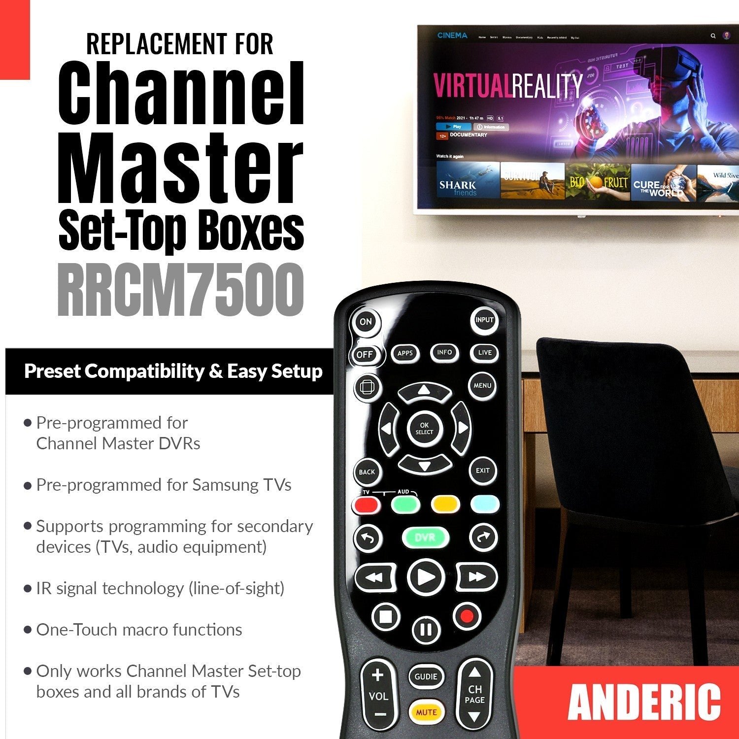 Anderic Substitute For Channel Master CM7500XRC2 Digital TV Tuner Converter Remote Control [RRCM7500]
