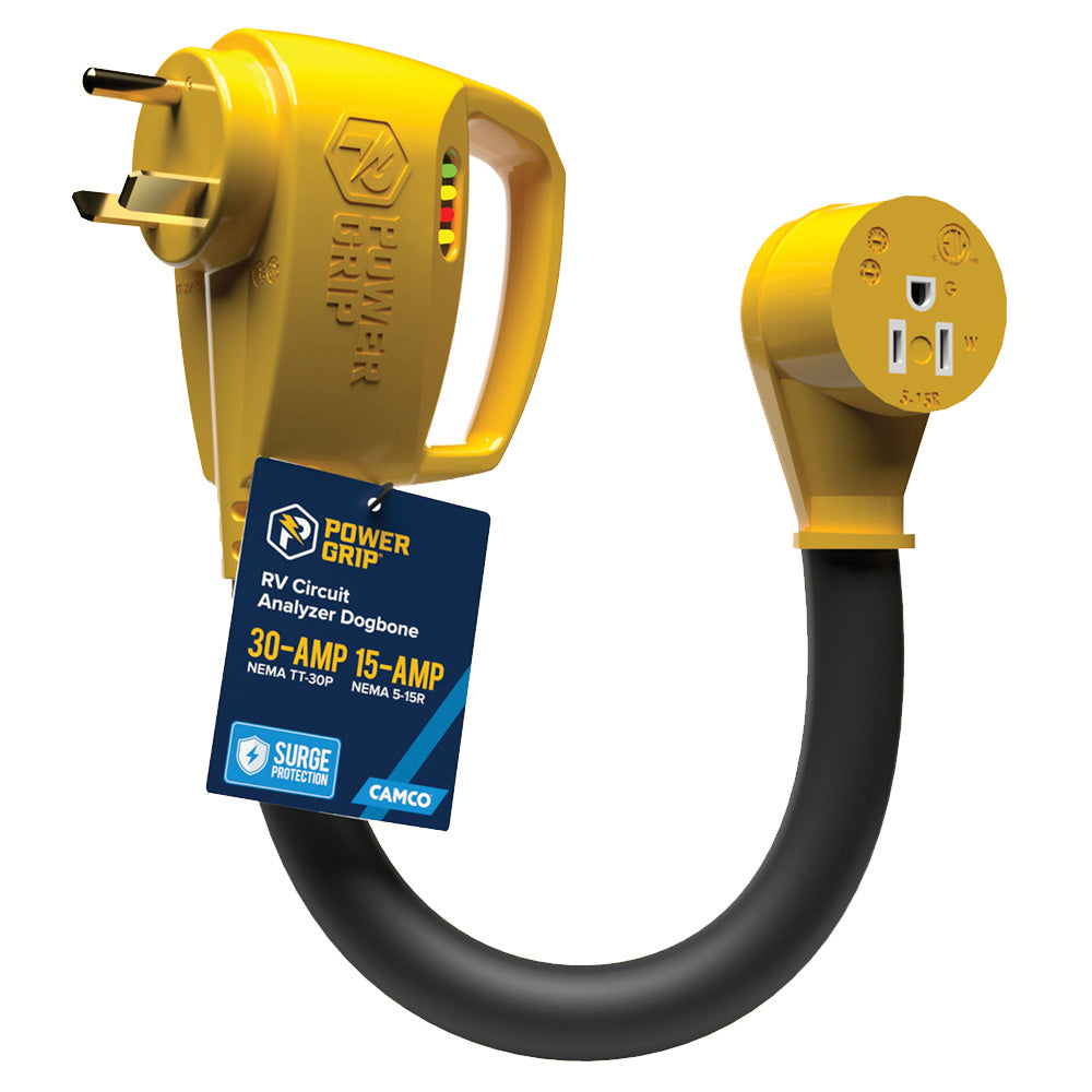 Camco Power Grip Rv 12'' 30Amp Circuit Analyzer Dogbone - Integrated Surge Protection,WBAUVB0DZPKSF62