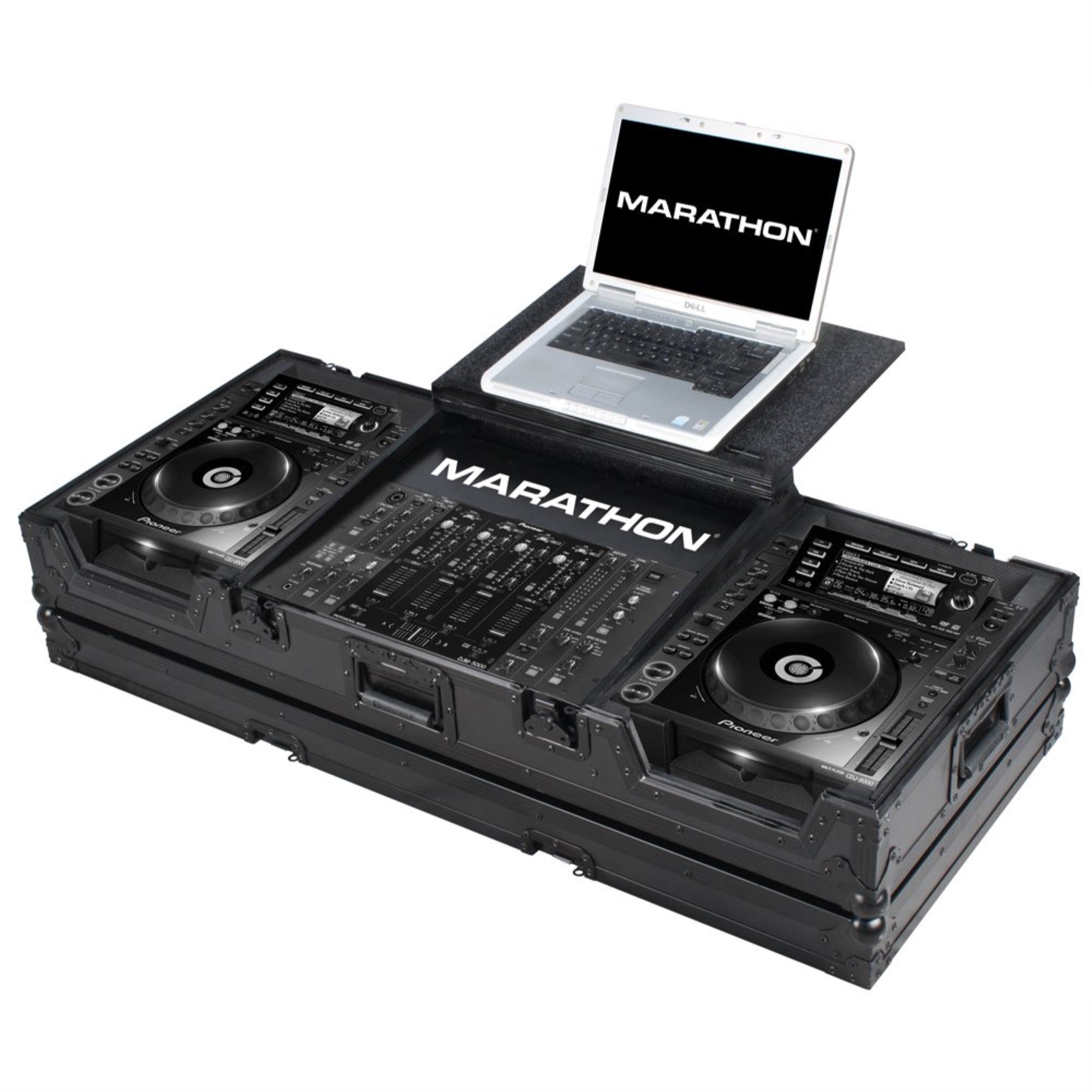 BLACK Series Coffin Holds 2 x Large Format CD Players: Pioneer CDJ-2000 plus 19 Mixer withlow profile wheels: Holds 19 Mixer up 
