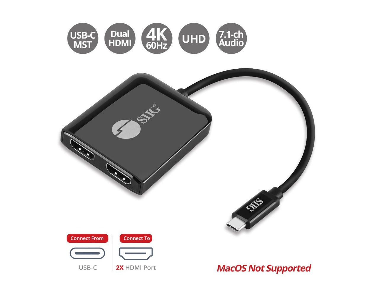 Siig 1X2 Usb-C To Hdmi 4K60 Mst Hub Splitter (Ce-Dp0T11-S1)