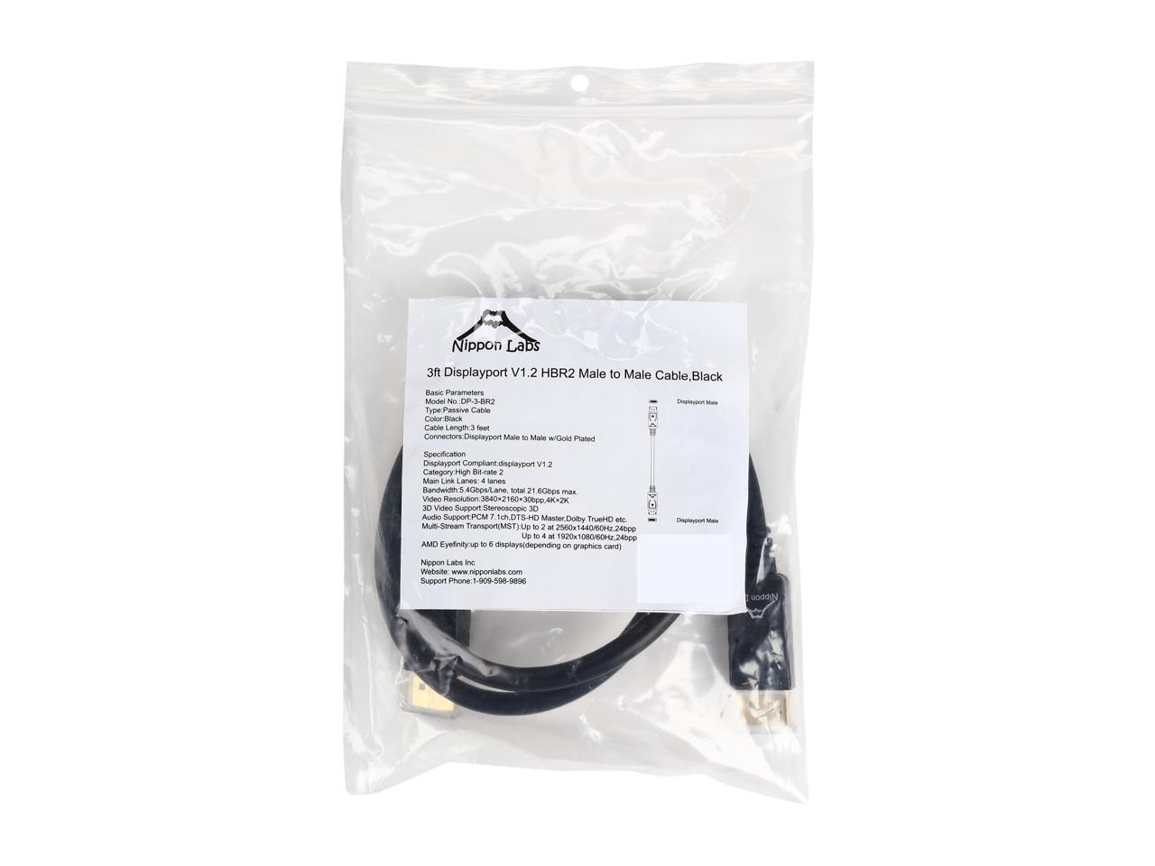 Nippon Labs DisplayPort V1.2 Cable Male to Male 3 Feet Black Gold Plated Copper Latching Connectors