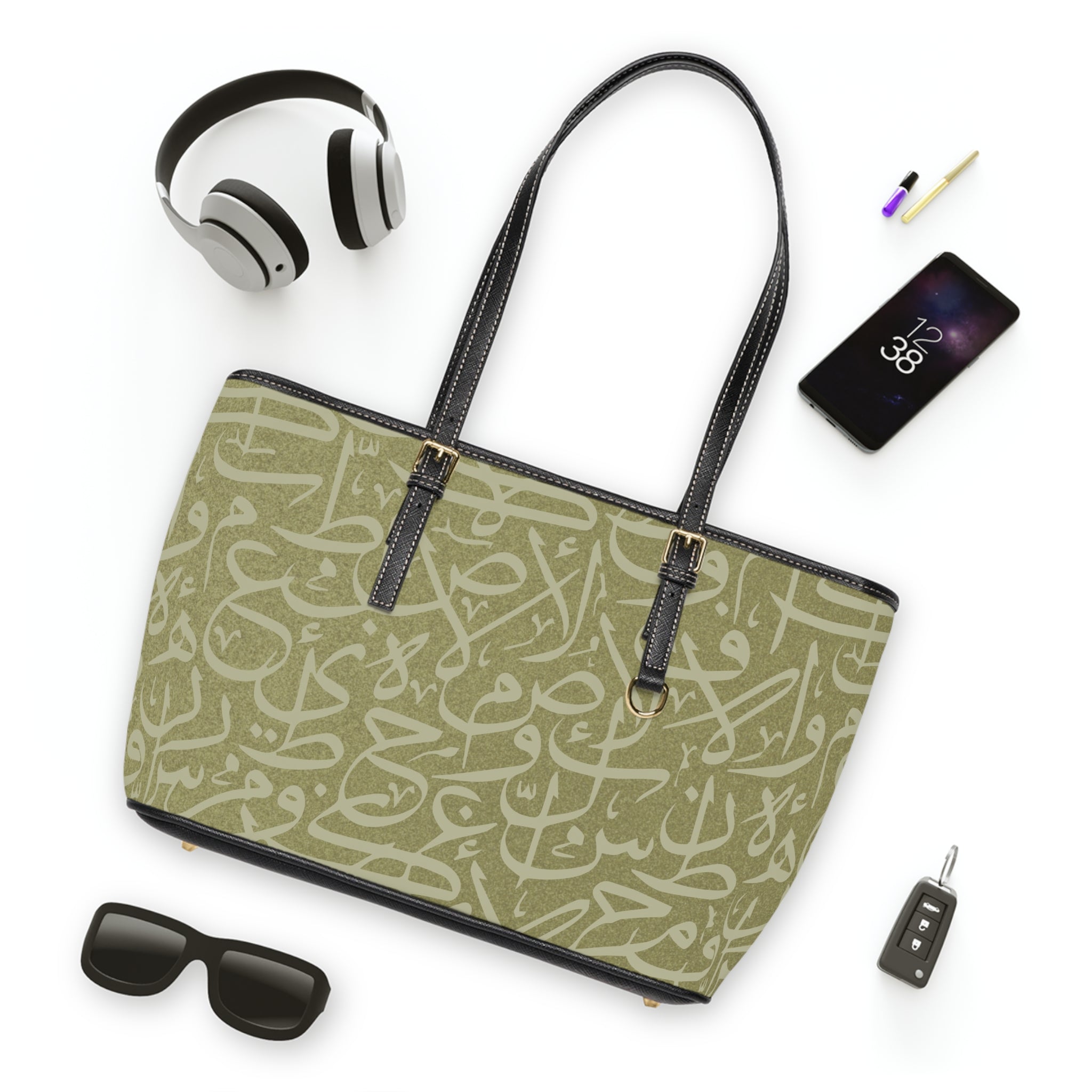 Olive Green ARABIC Calligraphy Letters  Pattern Leather Shoulder Bag