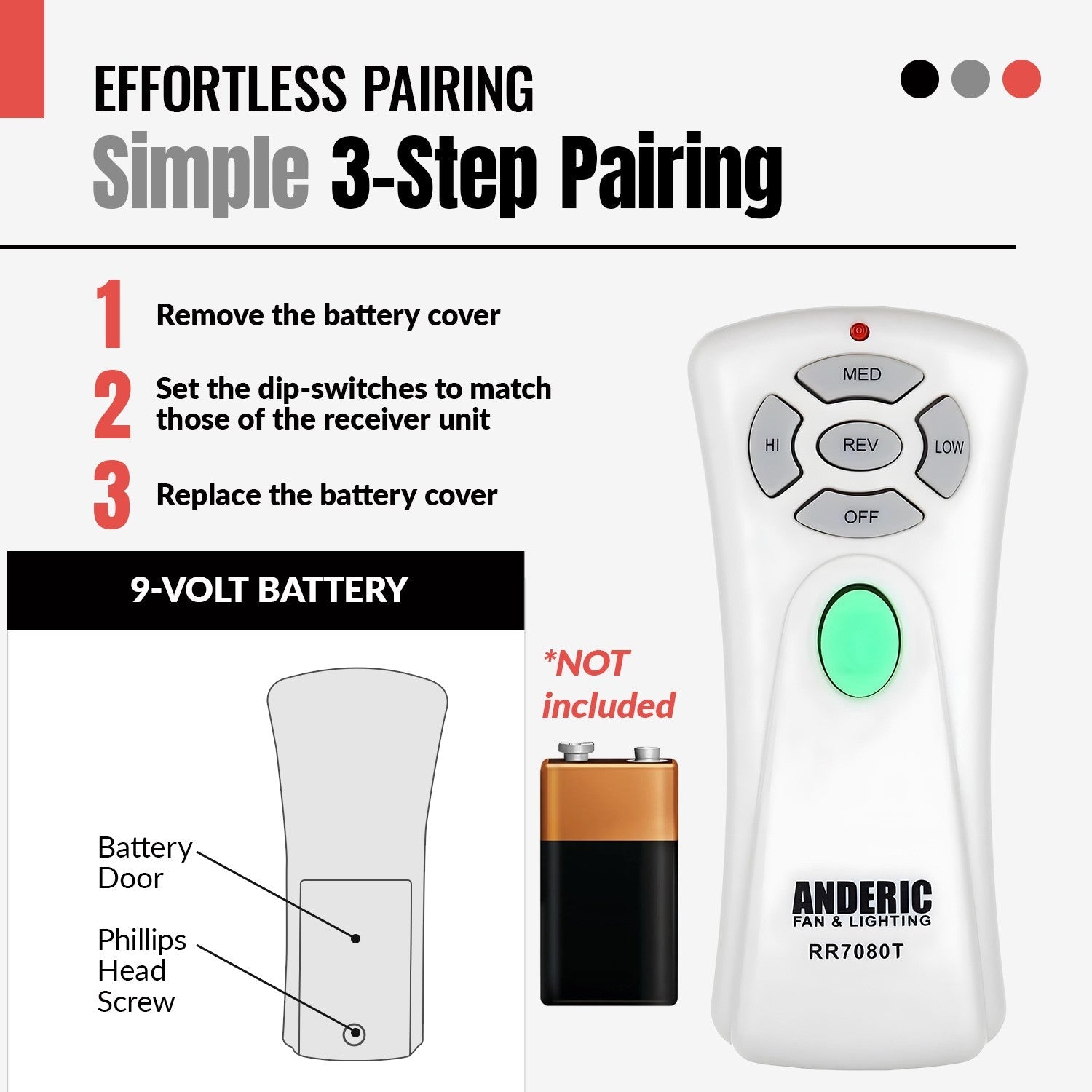 Anderic Substitute for Hampton Bay UC7080T CHQ7080T Ceiling Fan Remote Control [RR7080T]
