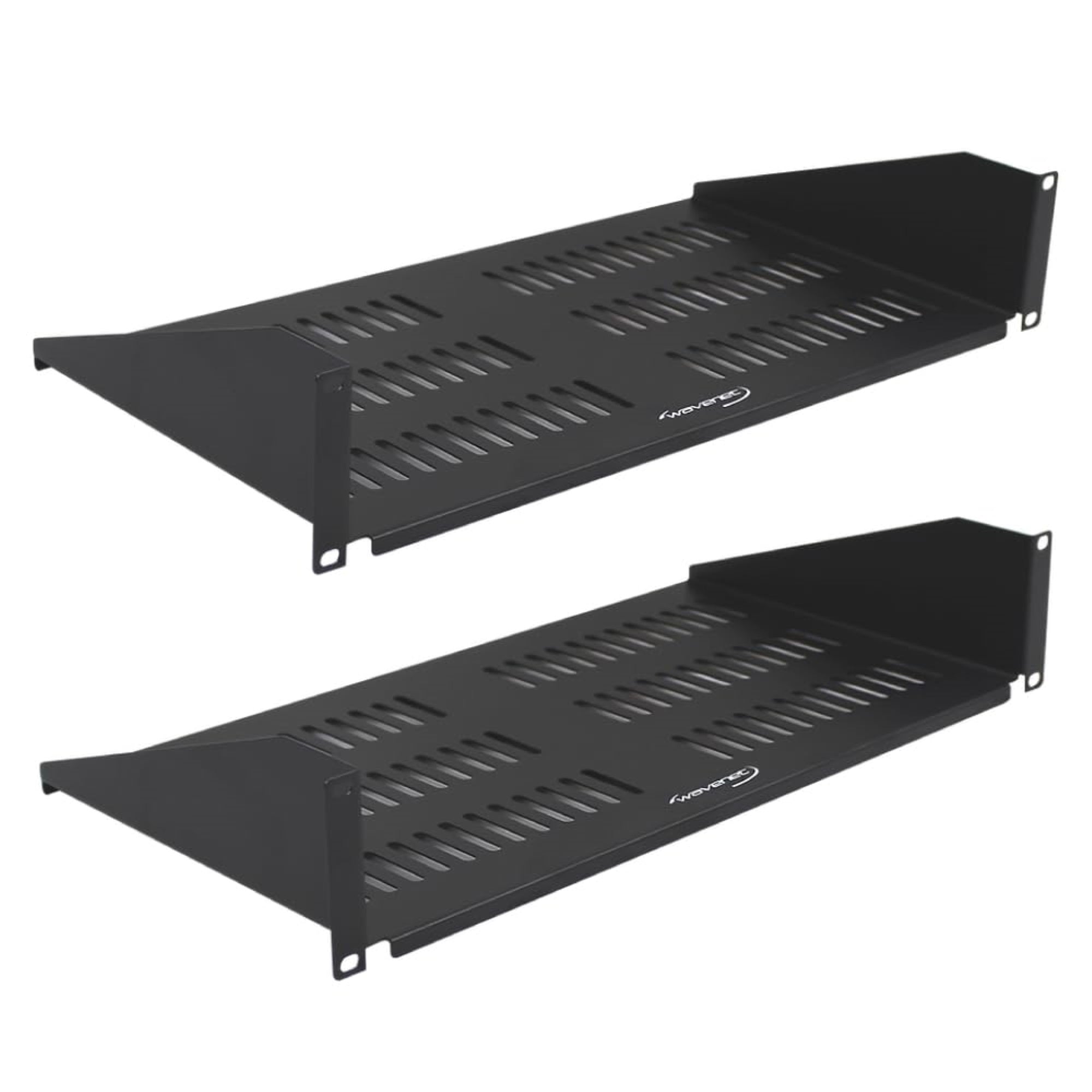 Wavenet  19 inch Wide 2U Rack Mount Vented Shelf, Weight Capacity 50lbs, 10 inch Deep Tray, Steel, Black  Pack of 2