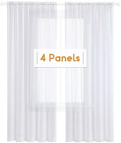 Anjee 4 Panels White Sheer Curtains 108 Inches Long Rod Pocket Semi Sheer Curtain Translucency Balance Privacy Voile Window Drap