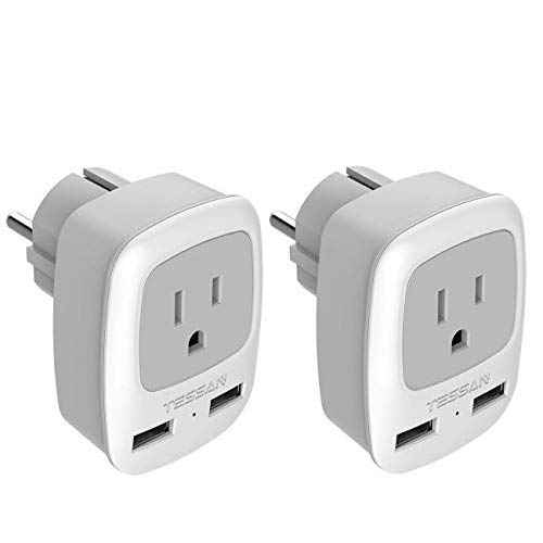 Tessan Type F Plug Adapter 2 Pack, Germany France Power Adapter With 2 Usb Ports, Outlet Adaptor For Us To Most Of Europe Eu Spa