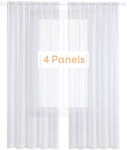 Anjee 4 Panels White Sheer Curtains 96 Inches Long Rod Pocket Voile Semi Privacy Protection Translucency Window Drapes For Livin