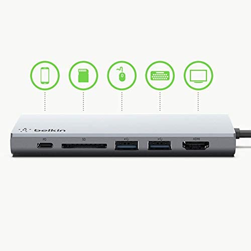 Belkin USB C Hub, 6 in 1 Multi Port Docking Station, USB C Docking Station for iPad, iPad Pro, iPad Mini, MacBook, & More   60W USB C Power Delivery 3.0, 4K HDMI USB A, USB C, Ethernet & SD Card Ports