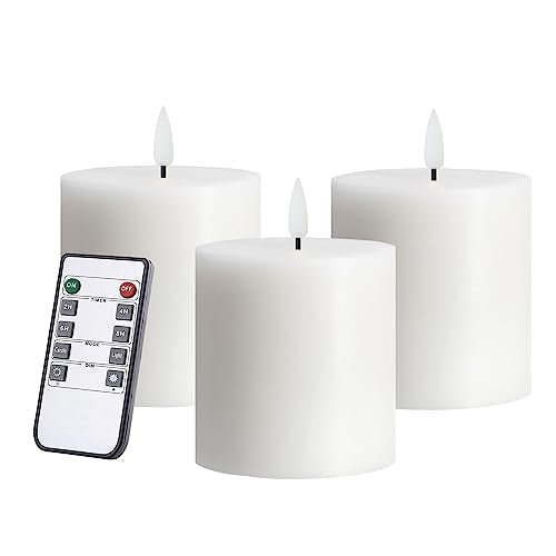 Volnyus White Flameless Candles Set Of 3 (3X3 Inch) Real Wax Flickering Led Candles Battery Operated With Remote Control Timers 