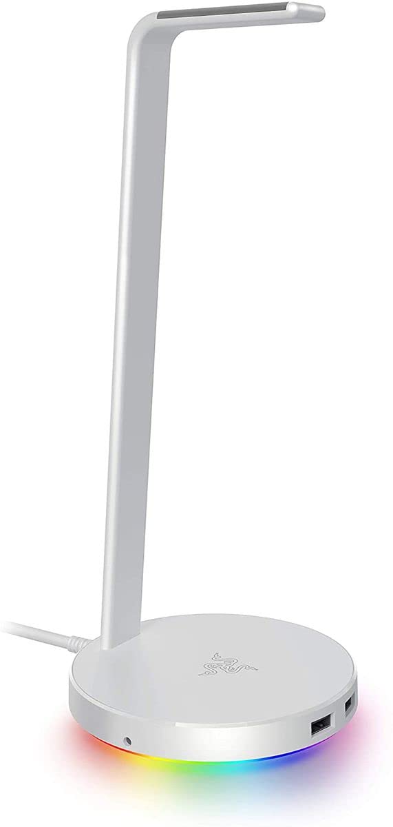 Base Station V2 Chroma Headphone Headset Stand Holder: Chroma RGB Lighting - Taller Stand & Anti-Slip Ledge - USB Charging Ports - Anti-Slip Rubber Base - 3.5mm Port + Built-in DAC - Mercury White