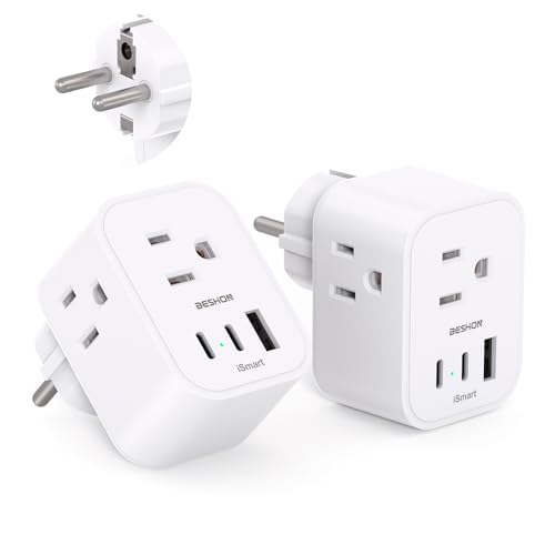 ?2 Pack? Germany France Travel Plug Adapter, Type E/F International Power Adapter With 3 Outlets 3 Usb(2 Usb C), Travel Essentia