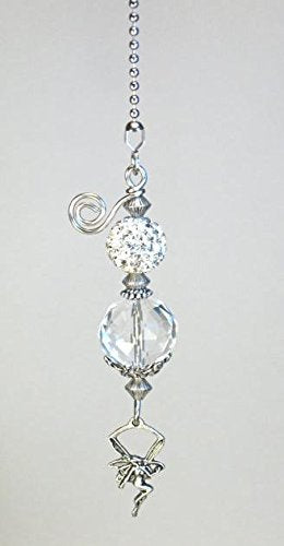 Beautiful Glimmering Winged Fairy Angel Faceted Glass & Silvery Faux Rhinestone Ceiling Fan Pull/Light Pull Chain