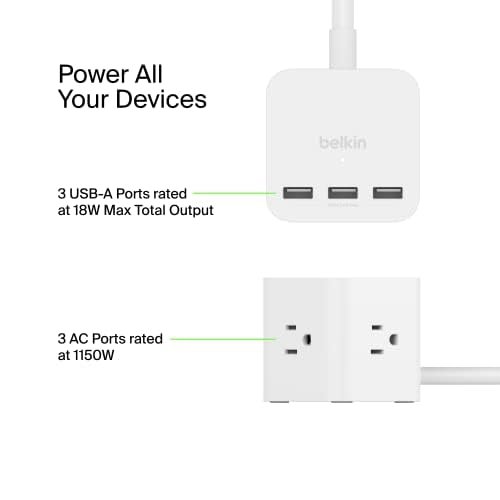 Belkin 6 Outlet Power Cube W/ 3 Ac Outlets, 3 Usb A Ports, & 5Ft Sturdy Extension Cord   Convenient Compact Cube For Home, Offic