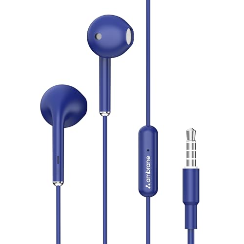 Ambrane Wired Headphones In Earphones With InLine Mic For Clear Calling, 14Mm Dynamic Drivers For Boostedbass, 3.5Mm Jack, Mult