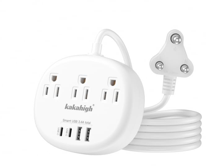 South Africa Plug Adapter, Type M Adapter For South Africa With 3 American Outlets 4 Usb Ports (2 Usb C) Total 24W, Type M Plug