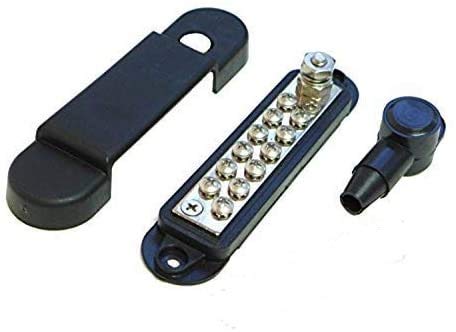 Bay Marine Supply Busbar   12 Point Power Distribution Block (240A Rating)   #8 Terminal Screws & 1/4'' Stud   Black Bus Bar
