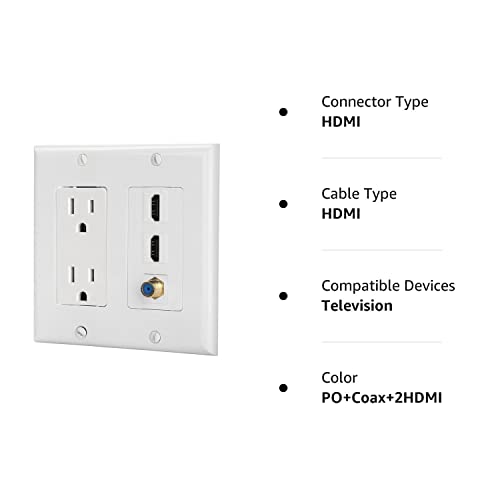 IBL Power Outlet Wall Plate 2 Port HDMI 1 Coax Gold-Plated F Type Plastic White Standard Size