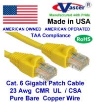 Made In Usa, Vaster Sku  81979 5 Ft (20 Pcs/Pack) Cat6 Patch Cable Yellow (''Not Cca Wire'' 100% Copper (Ul Csa Cmr Etl) 23Awg S