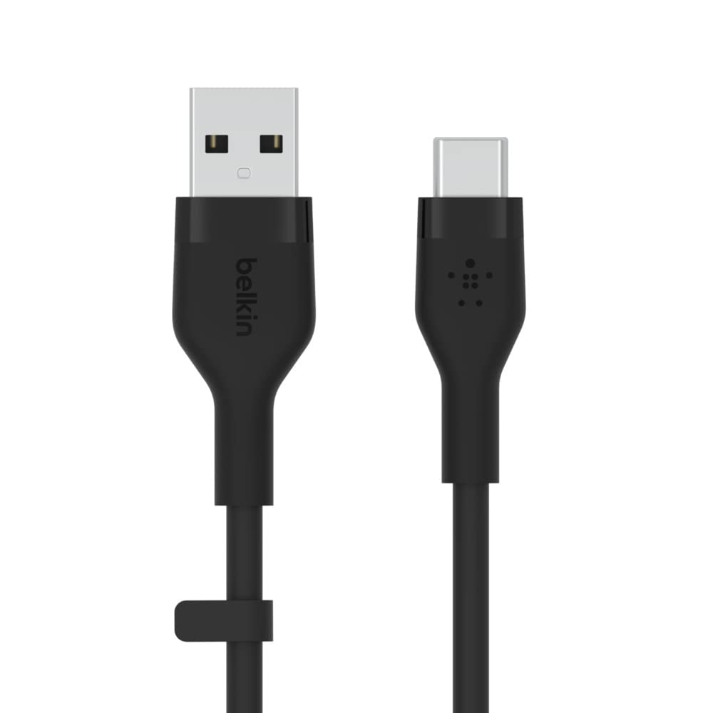 Belkin BoostCharge Flex Silicone USB A to USB C Cable (2M/6.6FT) for Samsung Galaxy Series, Google Pixel, & More with Cable Clip   Black