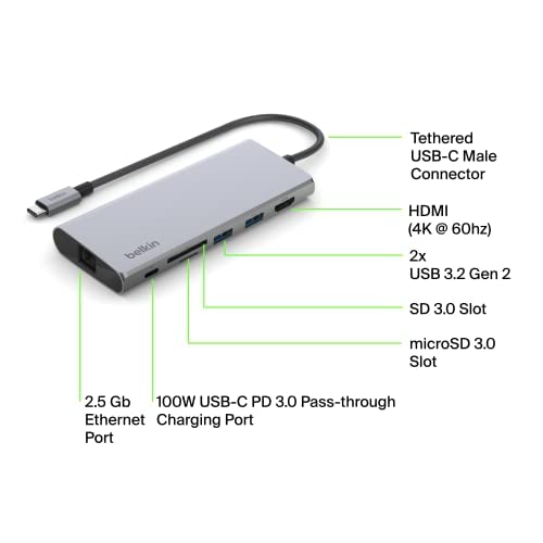Belkin USB C Hub, 6 in 1 Multi Port Docking Station, USB C Docking Station for iPad, iPad Pro, iPad Mini, MacBook, & More   60W USB C Power Delivery 3.0, 4K HDMI USB A, USB C, Ethernet & SD Card Ports