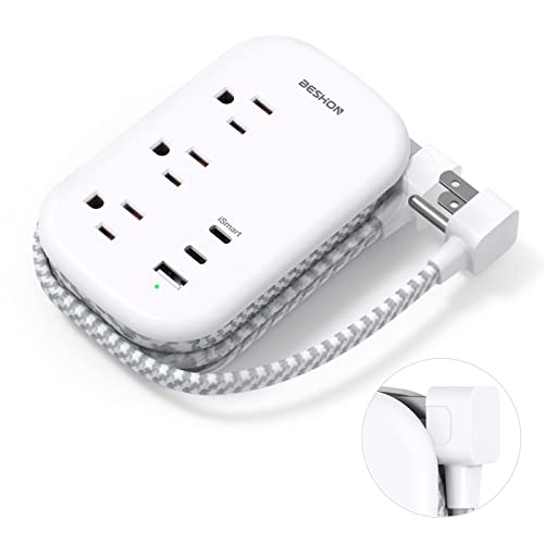 Beshon Flat Plug Power Strip, 3 Outlets With 3 Usb Ports(2 Usb C), Ultra Flat 3.2Ft Wrapped Around Extension Cord For Cruise Shi