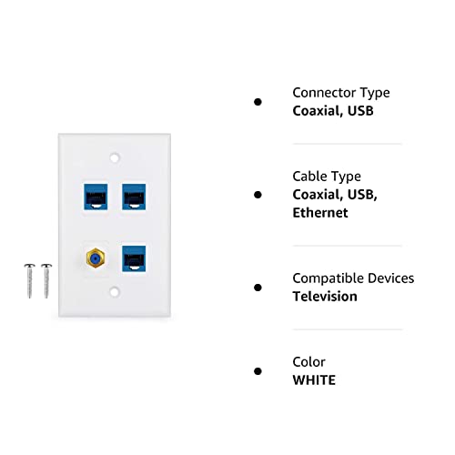 IQIAN 4 Port Wall Plate Gold-Plated Coaxial F Type 3 Cat6 Ethernet Female to Female White