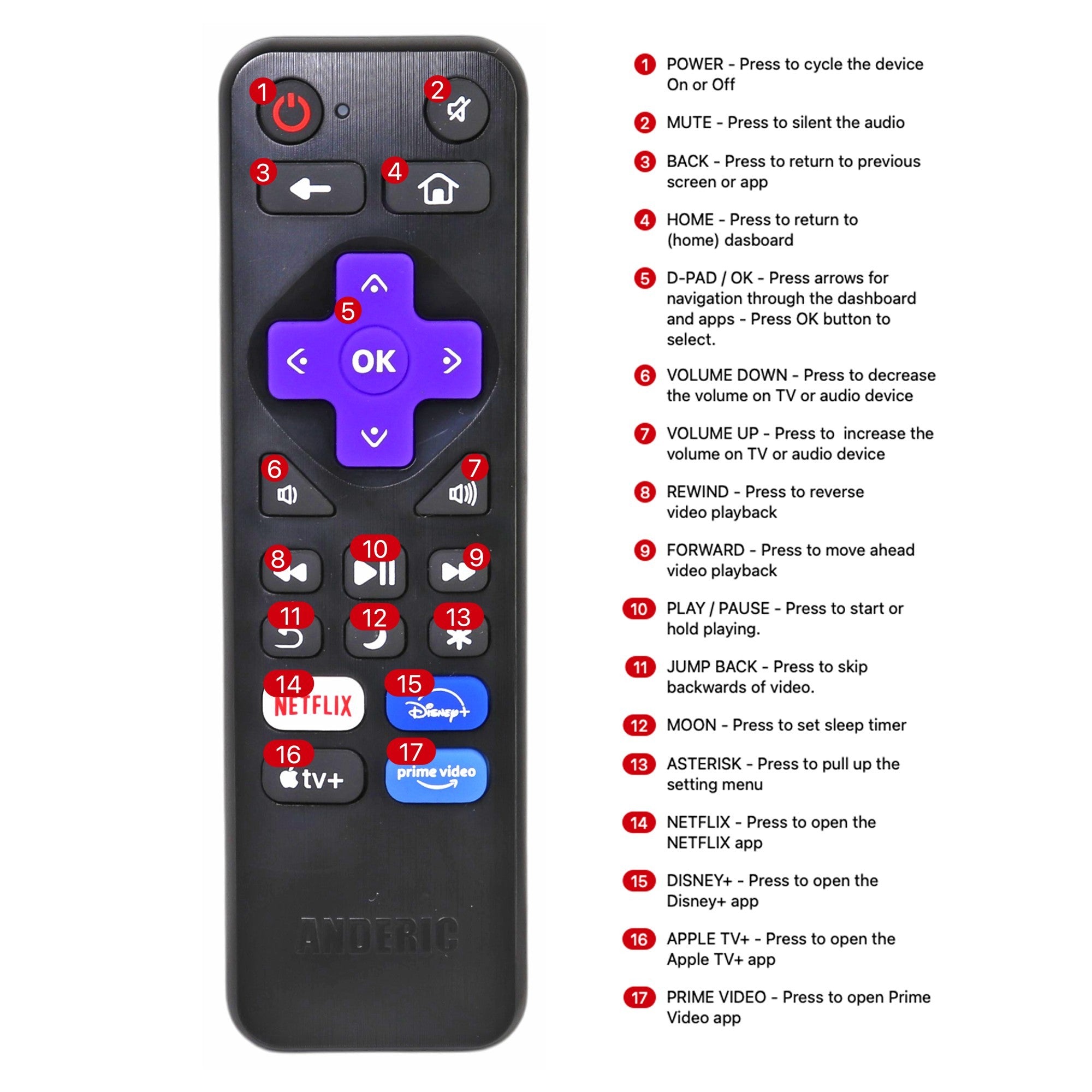 Anderic Substitute for Proscan RC-ALIR 2024 ROKU TV Remote Control 3026000123 [RRST01]