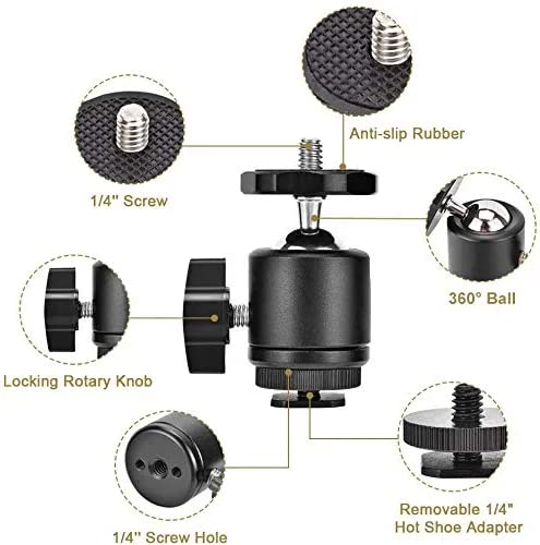 Utebit 2 Pack Mini Ball Head With 1/4 Hot Shoe Mount Adapter Max Load 5.5Lb 360 Swivel Tripod Ball Head For Dslr Camera Camcorde