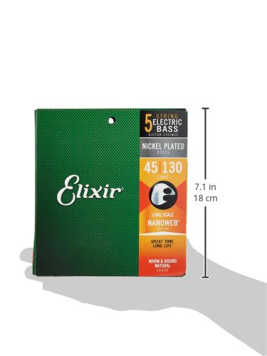 Elixir Strings Nickel Plated Steel 5 String Bass Strings W Nanoweb Coating, Long Scale, Light (.045 .130)