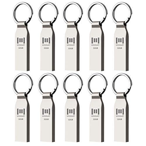 MOSDART Waterproof 32GB USB2.0 Flash Drive, FAT32 Metal Memory Stick with Keychain, for System Back, Data Storage, Silver(Pack o