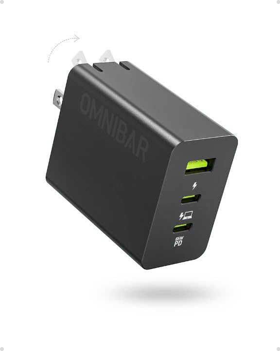 Omnibar 65W Usb C Charger, 3-Port Gan Foldable Fast Wall Charger Block,Pd3.0 Pps Usb-C Power Adapter For Macbook Pro/Air, Dell X