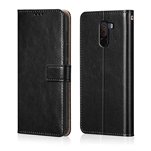 Wow Imagine Shock Proof Flip Case Back Cover For Poco F1 (Flexible | Leather Finish | Card Pockets Wallet & Stand | Black)