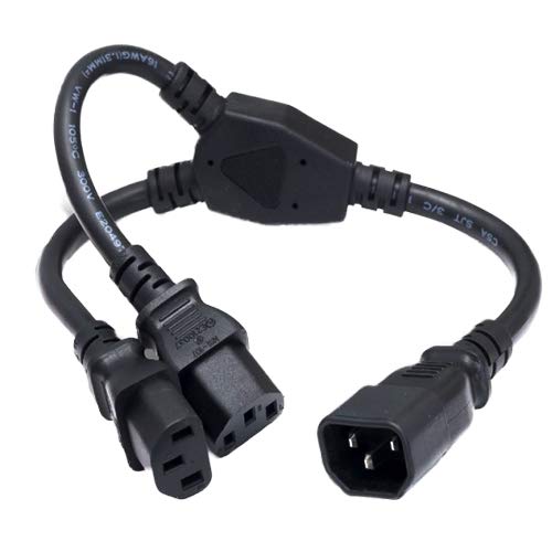 Black Computer/Monitor Power Extension Y-Cord, 3-Prong C14 to Dual C13 Power Plugs, 13 Amp, SJT Jacket, 6 Foot