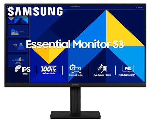 Samsung Essential Series S3 Flat Monitor 22 Inch (54.6 Cm) Fhd (1,920 X 1,080 Resolution), 100 Hz, Ips Panel, 5Ms(Gtg), DSub, H