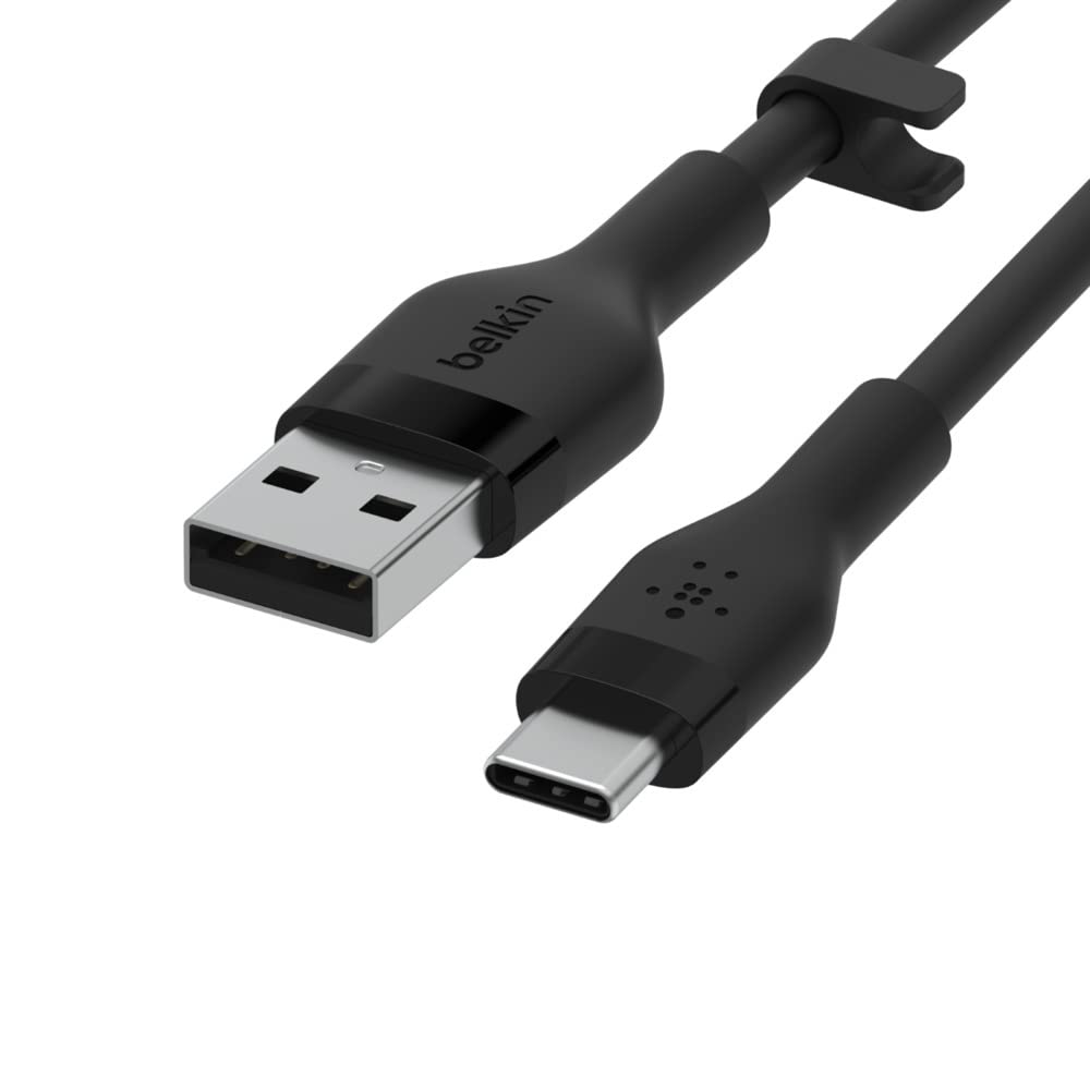 Belkin BoostCharge Flex Silicone USB A to USB C Cable (2M/6.6FT) for Samsung Galaxy Series, Google Pixel, & More with Cable Clip   Black