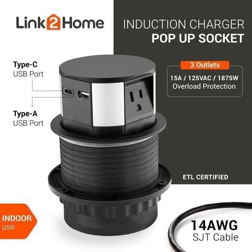 Link2Home 2 Pack Pop Up Outlet 10W Fast Induction Charger With Type C Usb, 3 Power Outlets 15A, 2 Usb Ports 3.0A, Splash Resista