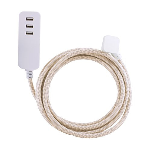 Cordinate 37922 Designer 3 Usb Charging Extension Cord With Surge Protection, Brown Braided Fabric Cord, 10 Ft, Low Profile Plug