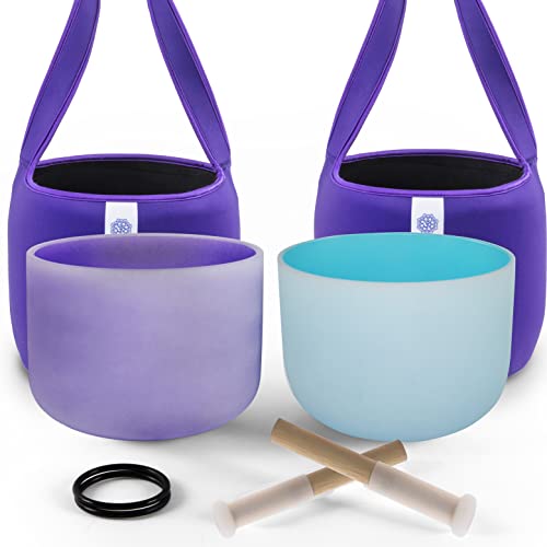 Fmty 10Inch Crystal Singing Bowls Set Prefect Pitch(A10Hz) Blue(Throat) Purple(Crown) With Soft Carrying Bag Sound Bowls Chakra 