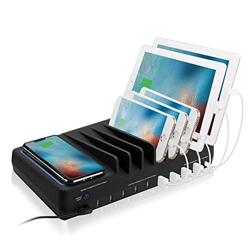 Siig 10 Port 90W Usb Charging Station With Qi Wireless And Usb C Charging, Ambient Light Deck Compatible With Iphone Ipad Samsun