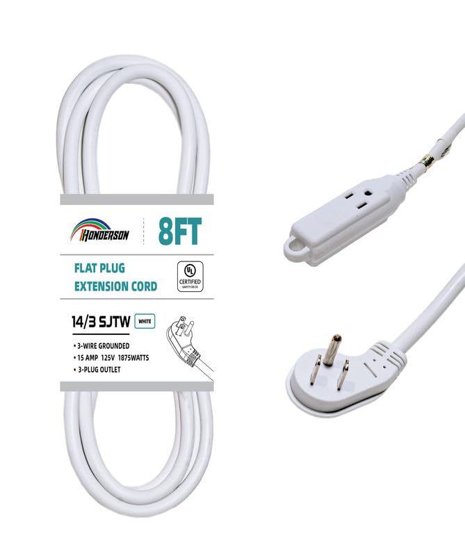 Honderson 3 Outlets Flat Plug Indoor Extension Cord Outlet Extender, Ul Listed, 14 Gauge 8Ft White 3 Prong Heavy Duty, 14/3 Sjtw